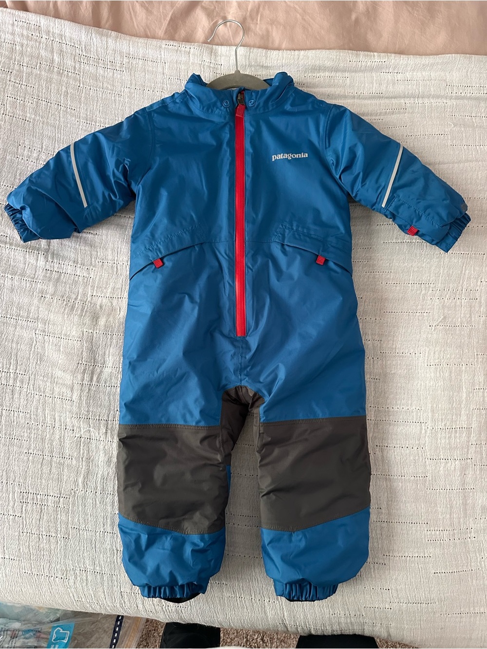 Patagonia Blue and Gray Kids One-Piece Snowsuit with Red Zipper